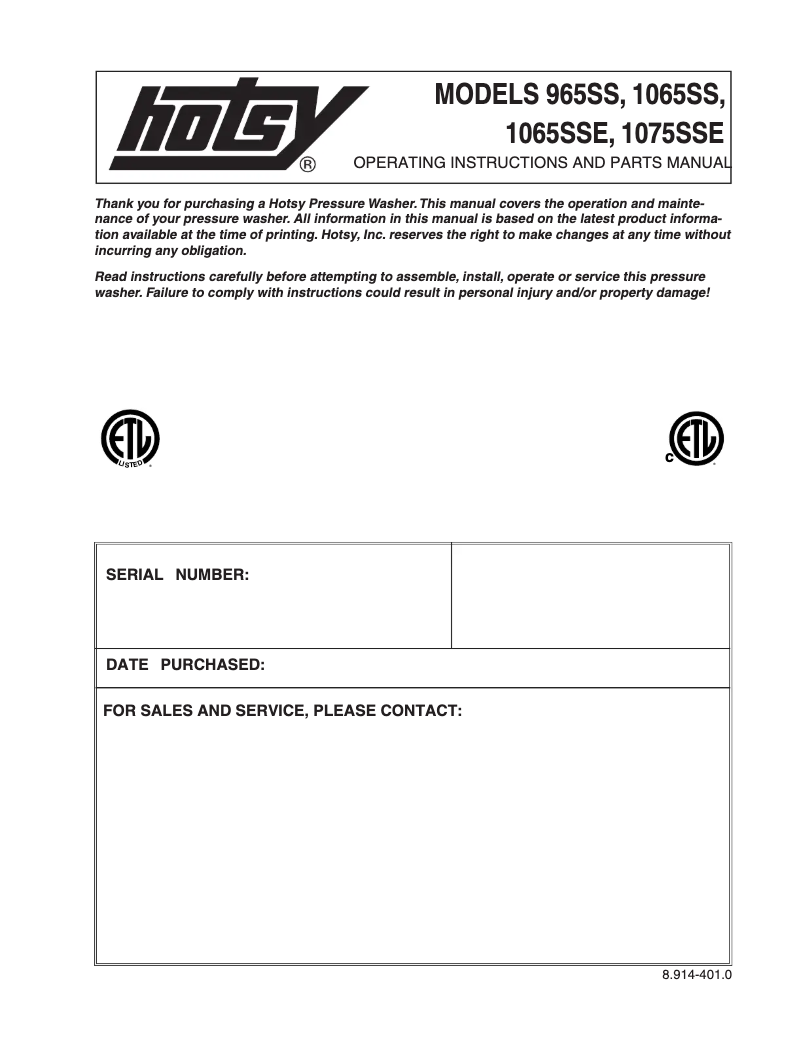 Page n°1 - Manuel utilisateur Hotsy 1065SS