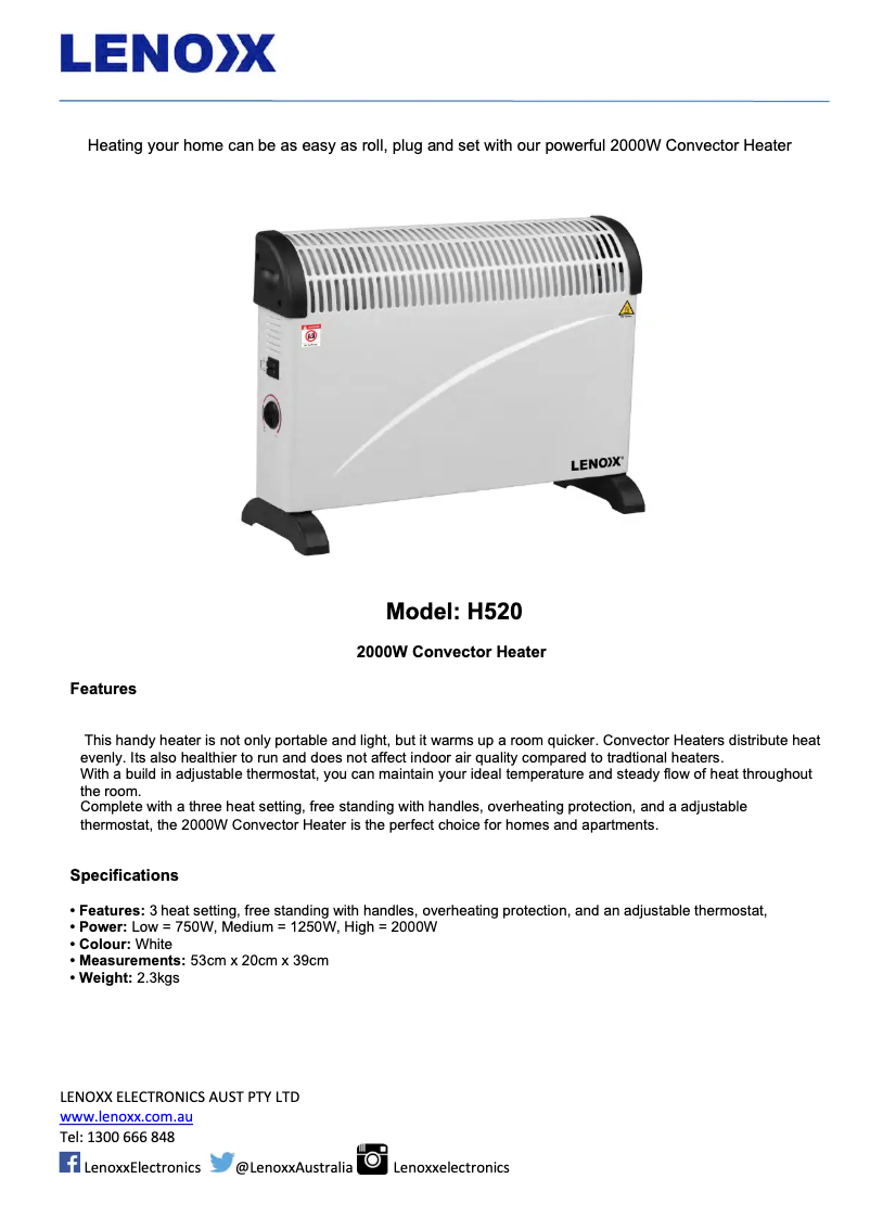 Página 1 del manual Ficha técnica Lenoxx H520