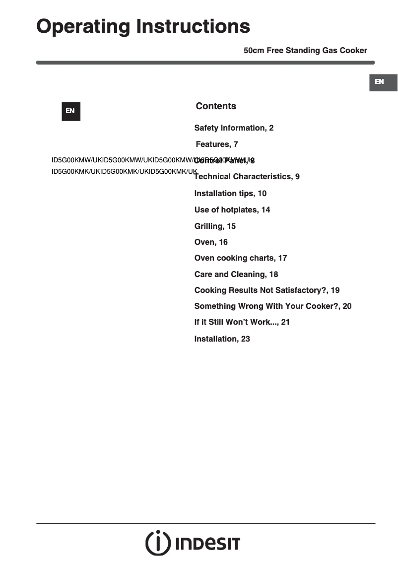 Page 1 de la notice Mode d'emploi Indesit ID5G00KMW/UK