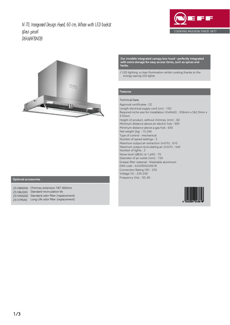Page 1 de la notice Fiche technique Neff D64XAF8N0B