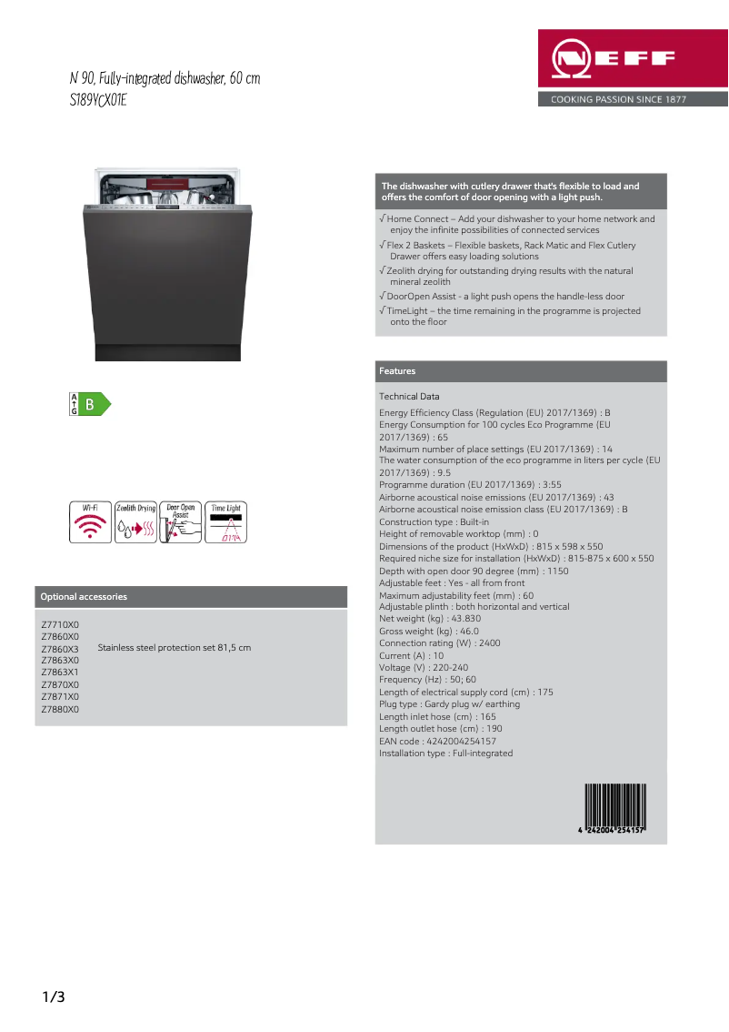 Página 1 del manual Ficha técnica Neff S189YCX01E