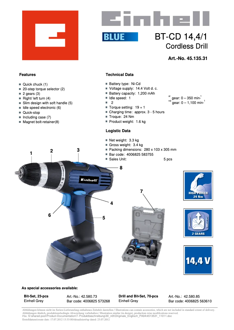 Page n°1 - Fiche technique Einhell BT-CD 14,4/1