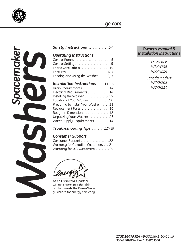 Página 1 del manual Manual de usuario GE WSXH208HWW