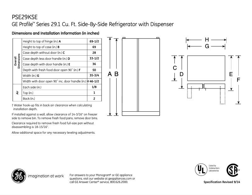 Page n°1 - Fiche technique GE Profile PSE29KSESS