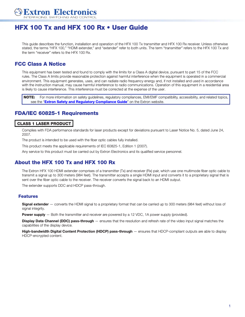 Page 1 de la notice Manuel utilisateur Extron HFX 100