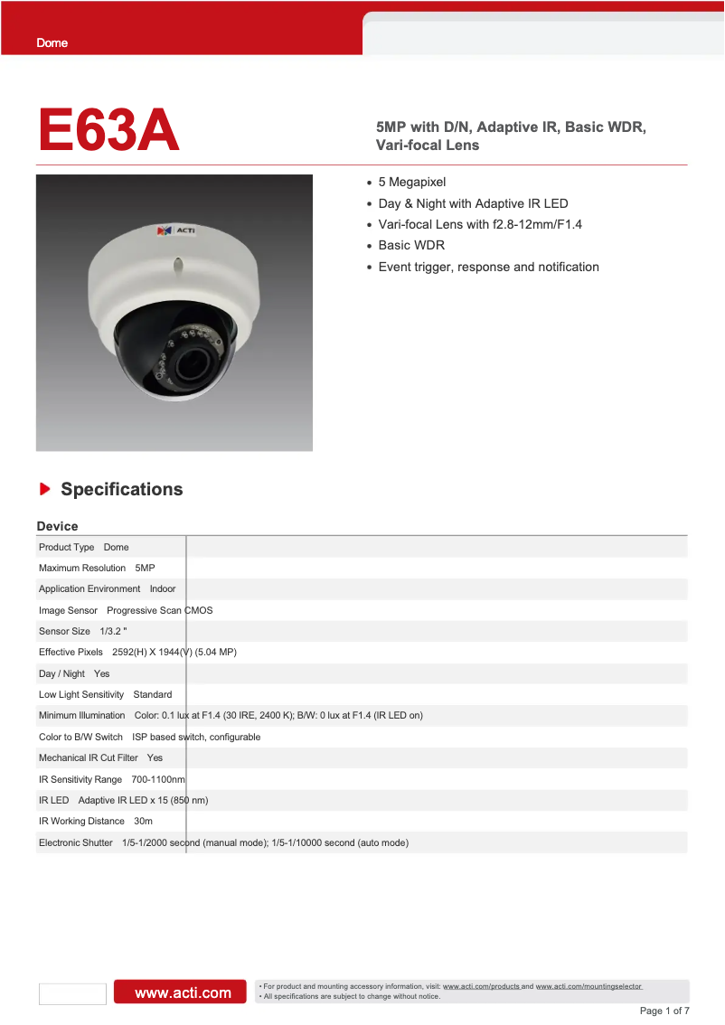 Page 1 de la notice Fiche technique ACTi E63A
