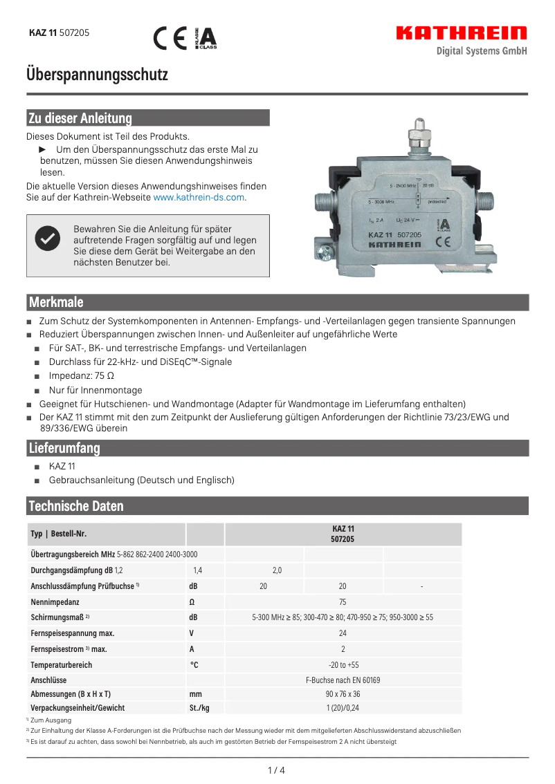 Page 1 de la notice Fiche technique Kathrein KAZ 11