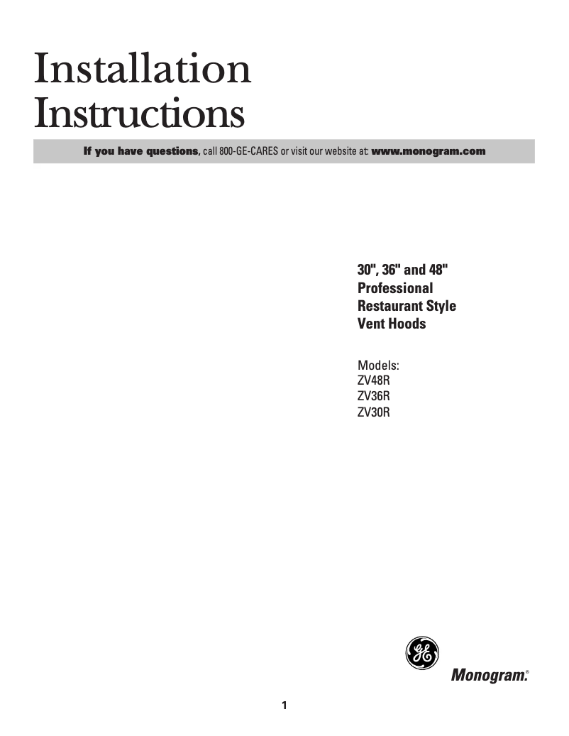 Page 1 de la notice Guide d'installation Monogram ZV36RSFSS