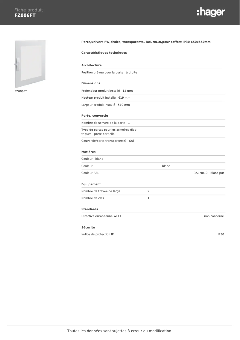 Page 1 de la notice Manuel utilisateur Hager FZ006FT