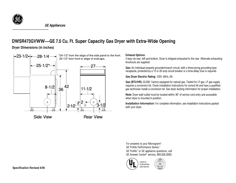 Página 1 del manual Ficha técnica GE DWSR473GVWW