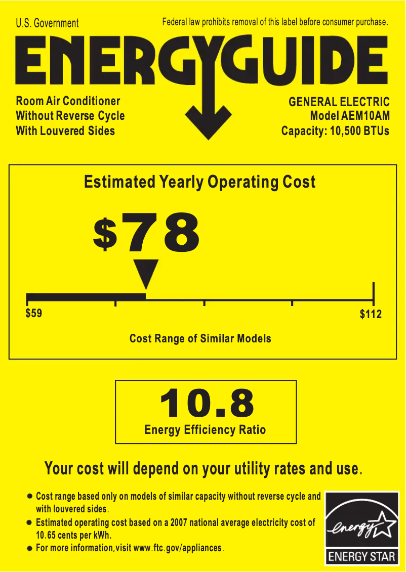 Page 1 de la notice Label énergétique GE AEM10AM