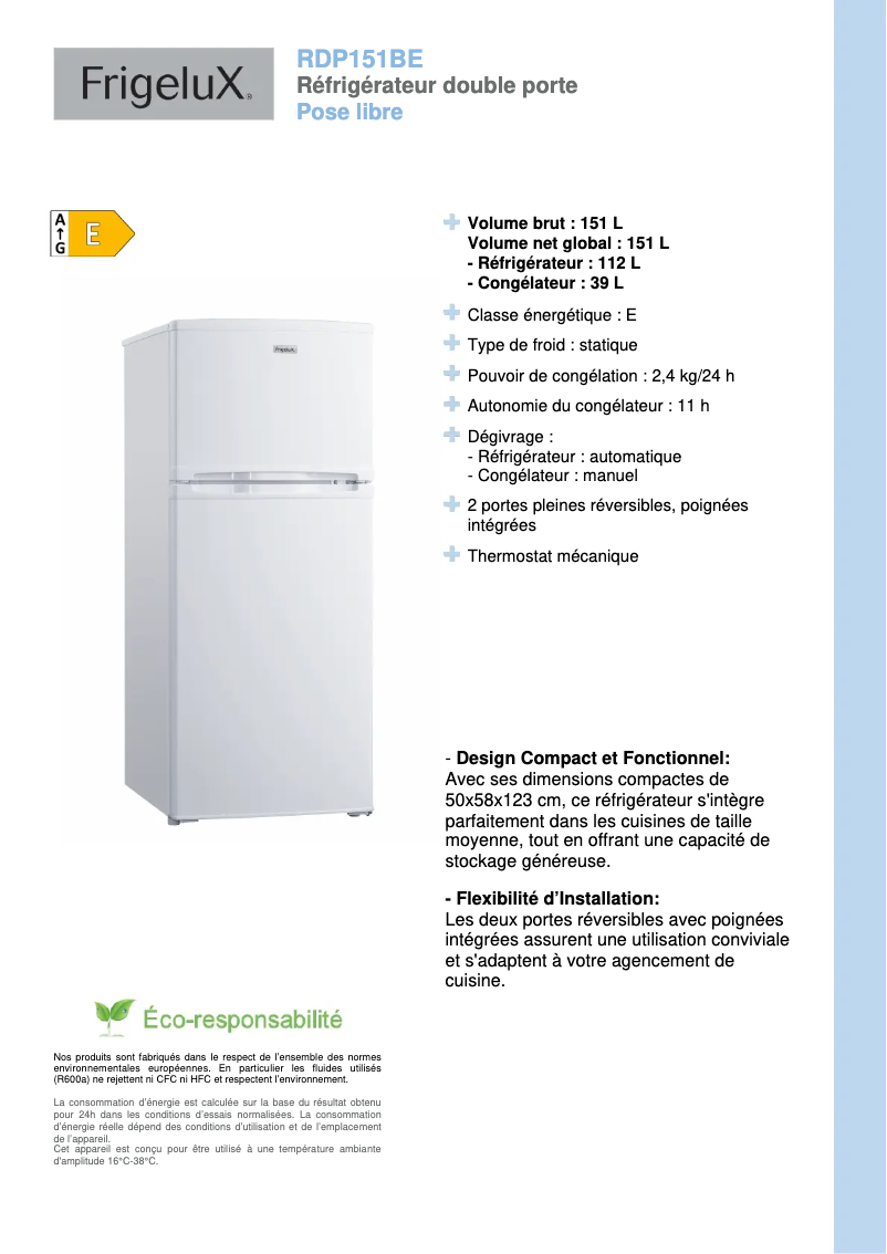 Page n°1 - Fiche technique FrigeluX RDP151BE