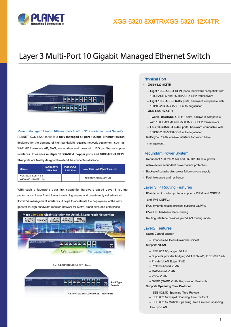 Page 1 de la notice Fiche technique Planet XGS-6320-12X4TR