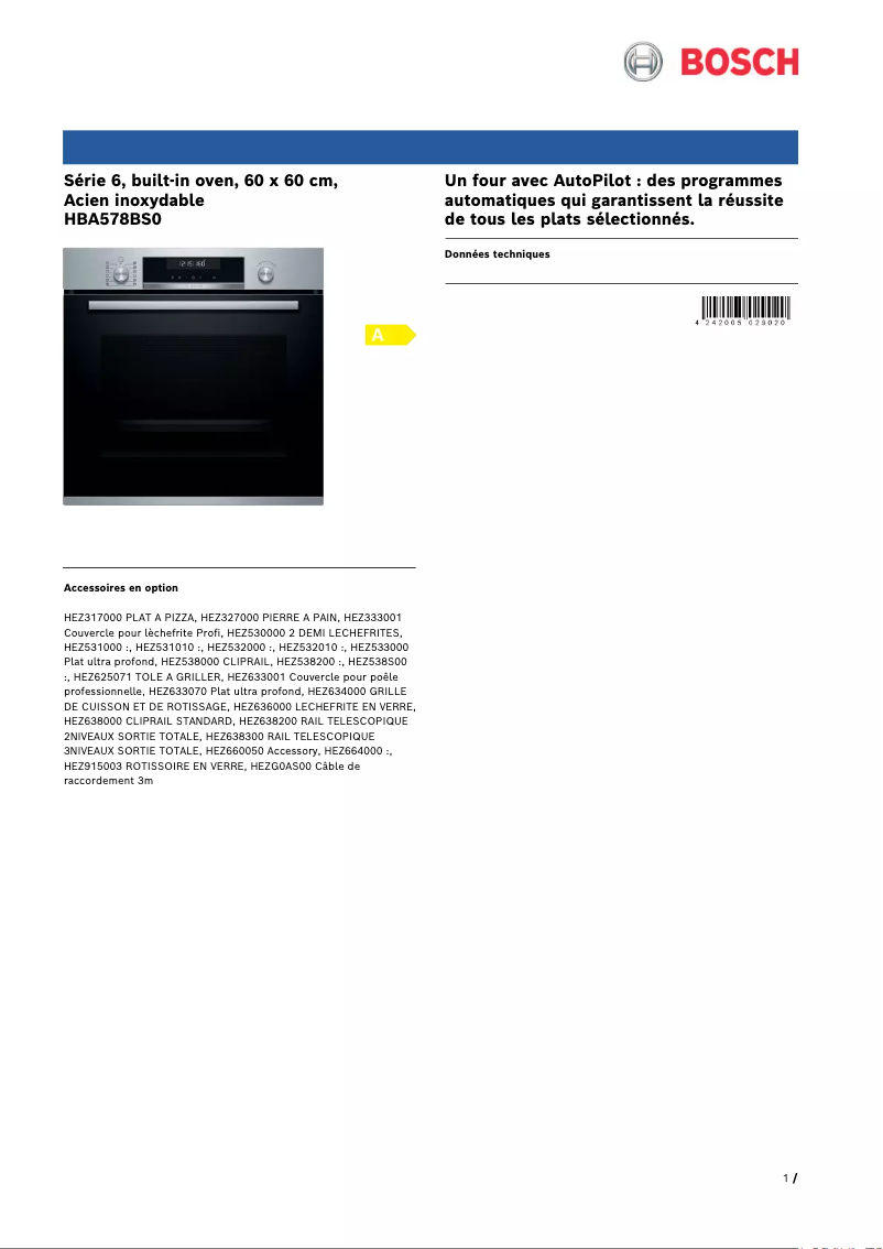 Page 1 de la notice Fiche technique Bosch HBA578BS0