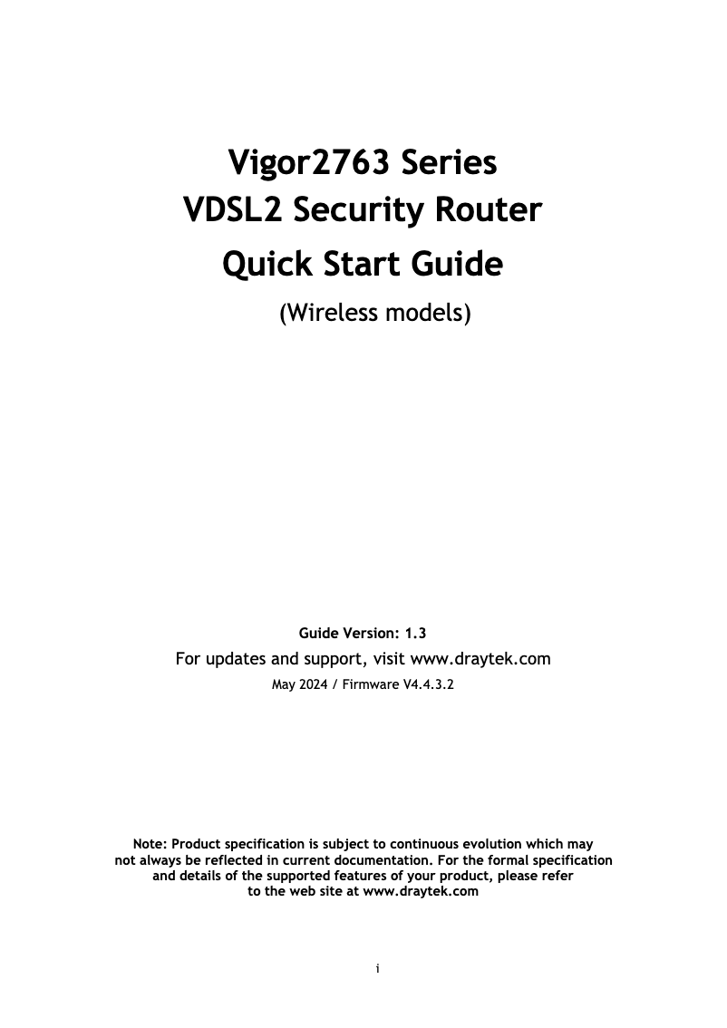 Page 1 de la notice Guide de démarrage rapide Draytek Vigor 2763