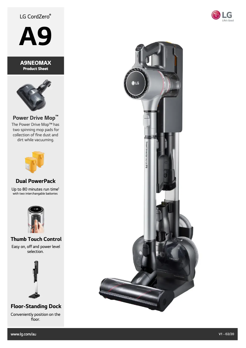 Page 1 de la notice Fiche technique LG CordZero A9NEOMAX