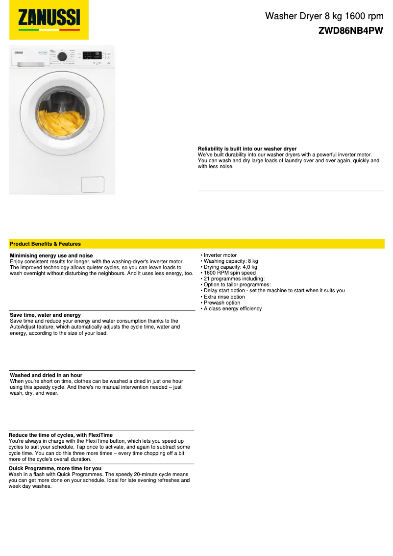 Página 1 del manual Ficha técnica Zanussi ZWD86NB4PW