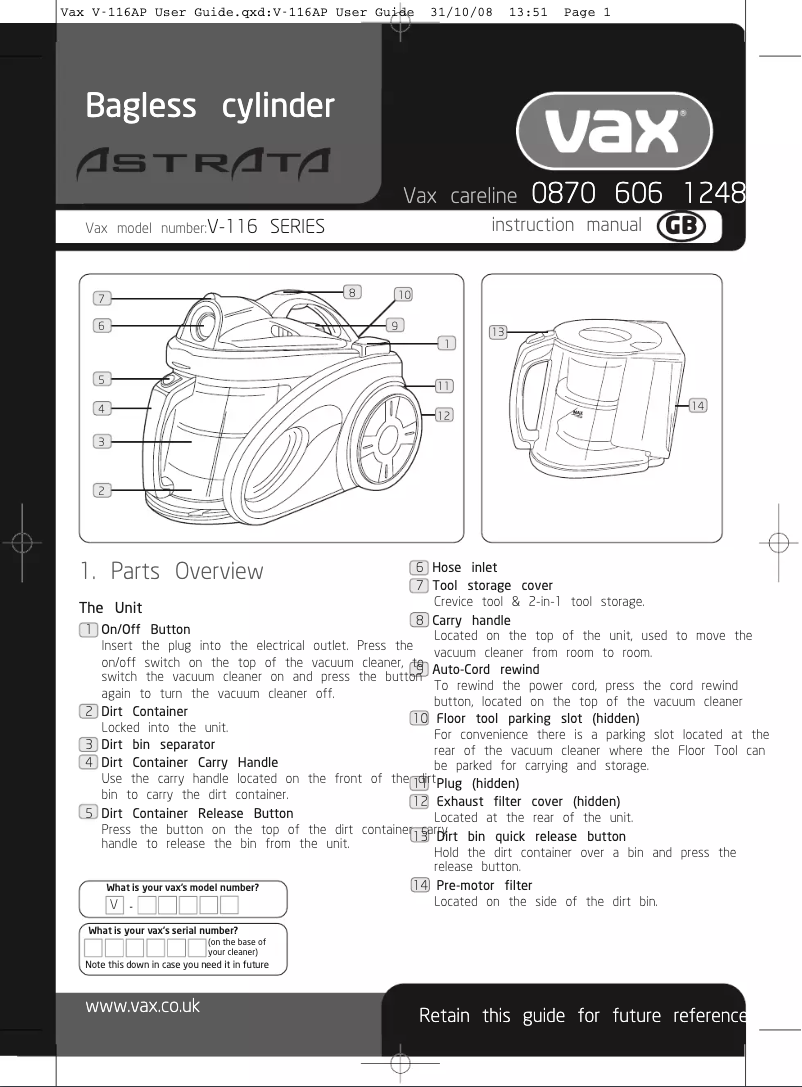 Page 1 de la notice Manuel utilisateur Vax Astrata V116
