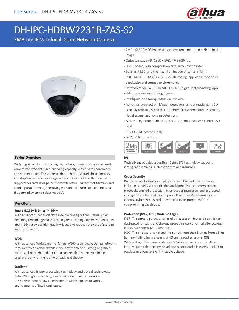 Page 1 de la notice Fiche technique Dahua Technology IPC-HDBW2231R-ZAS-S2