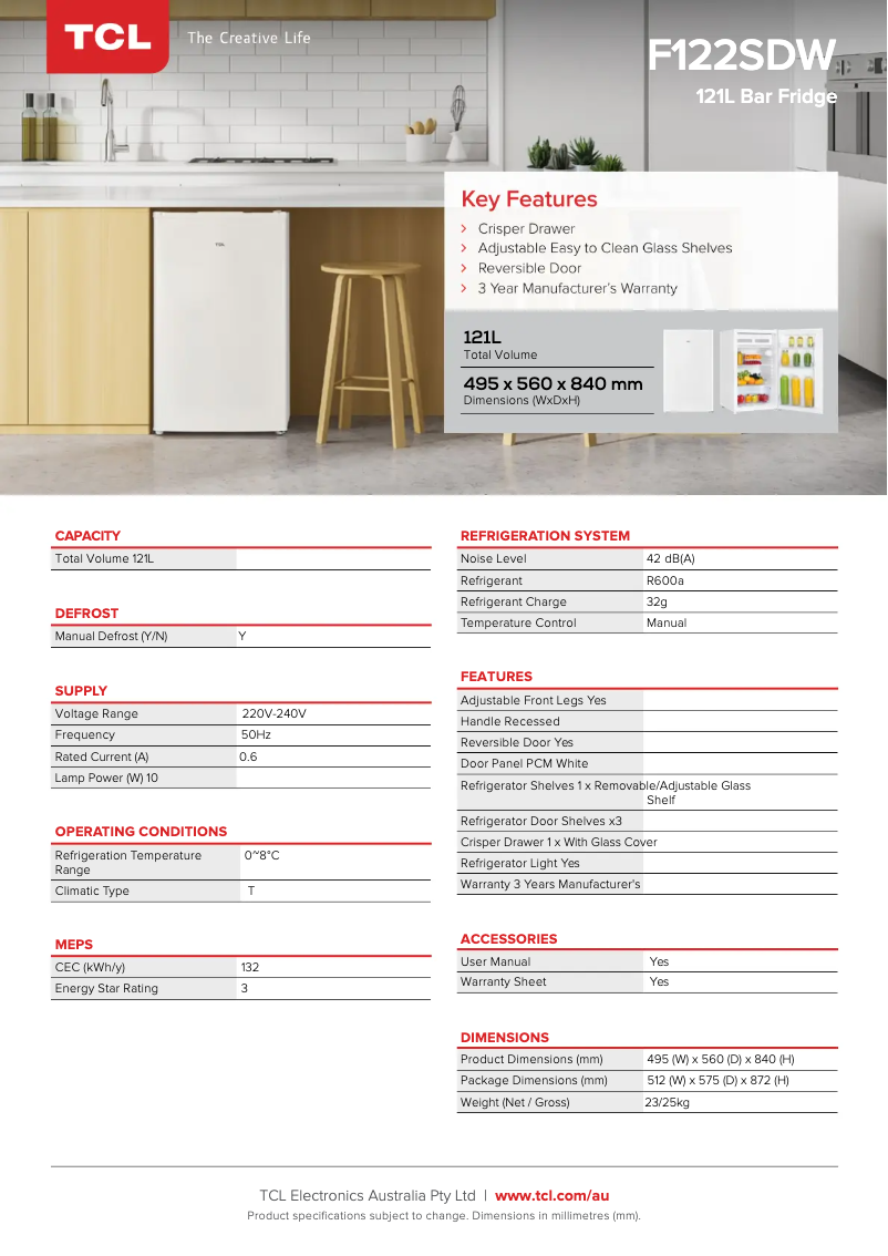 Page n°1 - Fiche technique TCL F122SDW