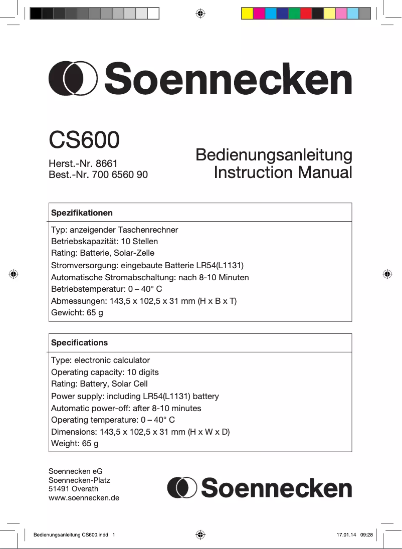 Page n°1 - Manuel utilisateur Soennecken CS600