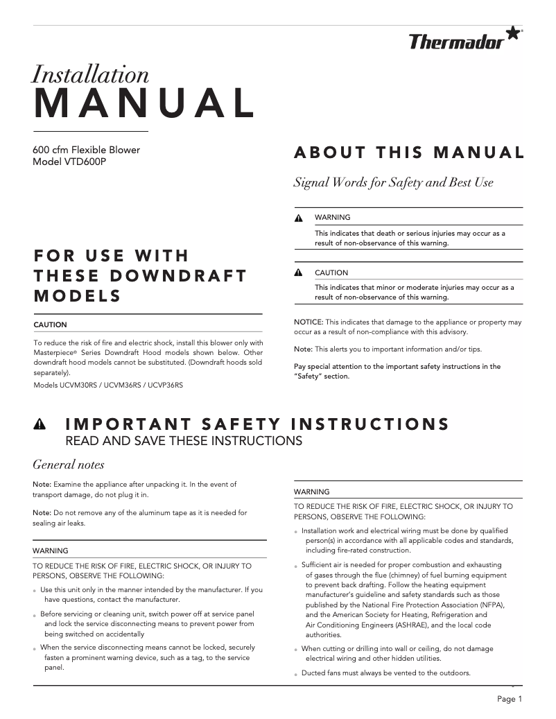 Page n°1 - Guide d'installation Thermador VTD600P