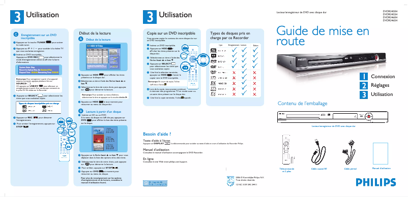 Page n°1 - Guide de démarrage rapide Philips DVDR3450H