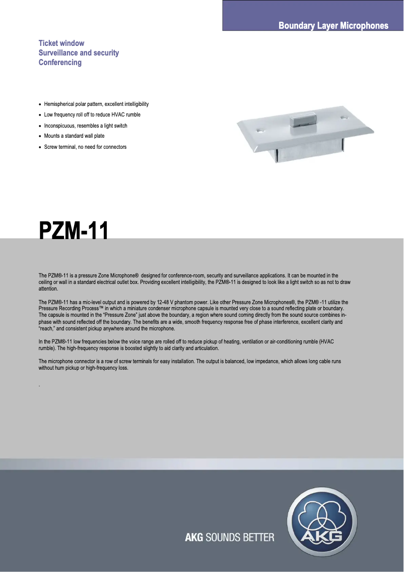 Page 1 de la notice Fiche technique AKG PZM-11