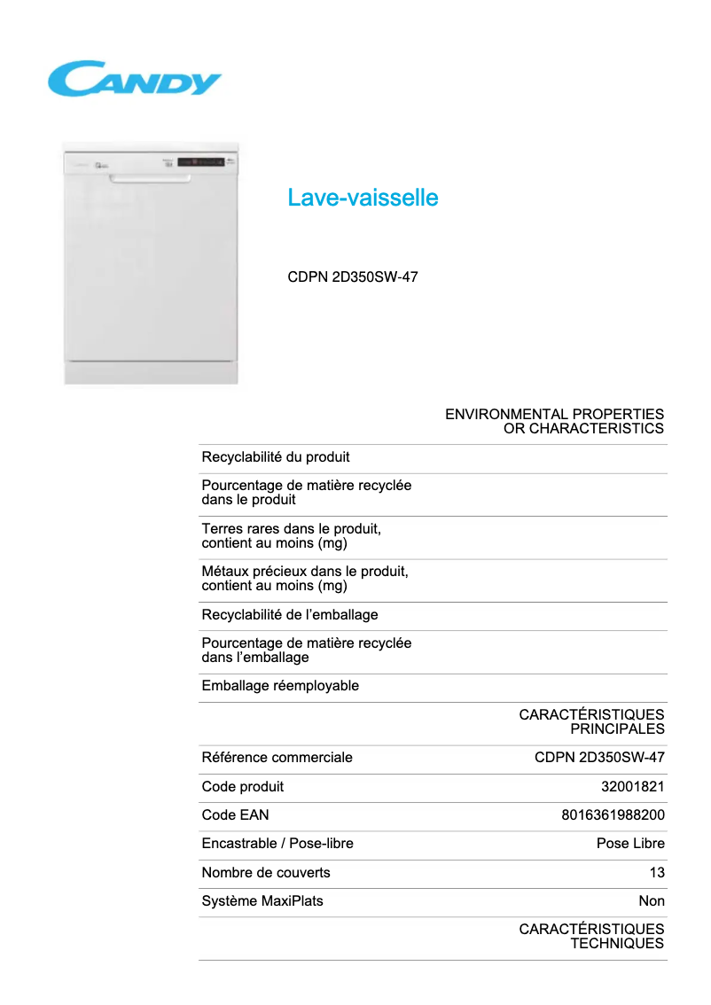 Page 1 de la notice Fiche technique Candy CDPN 2D350SW-47