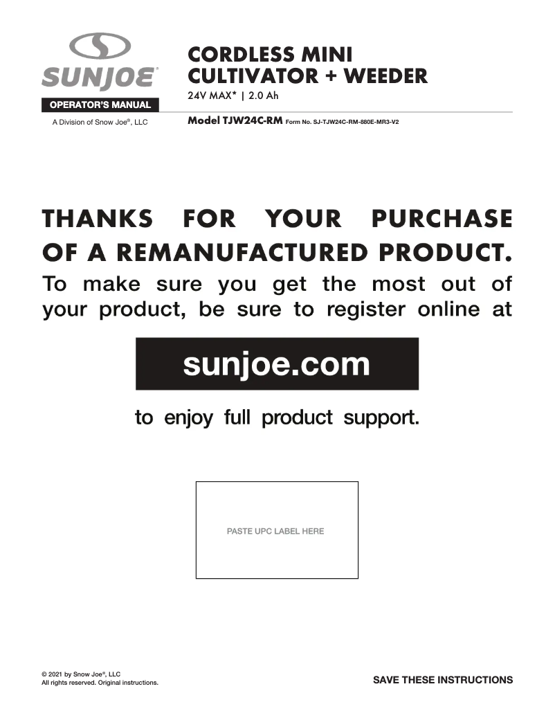 Page n°1 - Manuel utilisateur Sun Joe TJW24C-RM