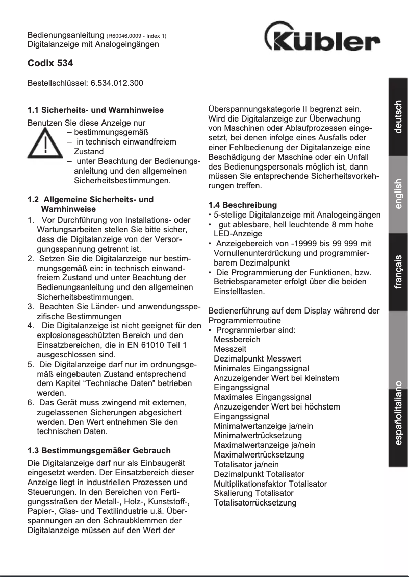 Page n°1 - Manuel utilisateur Kübler Codix 534