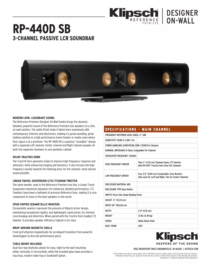 Page 1 de la notice Fiche technique Klipsch RP-440D SB