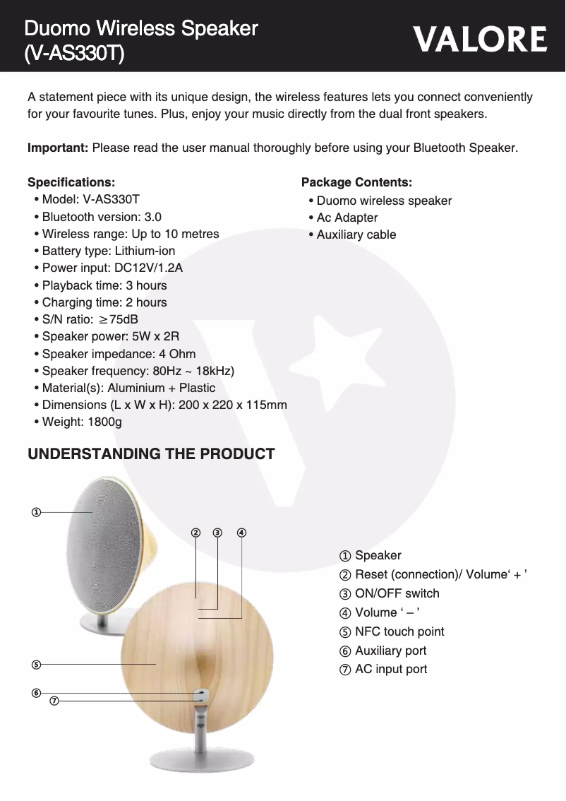 Page n°1 - Manuel utilisateur Valore V-AS330T