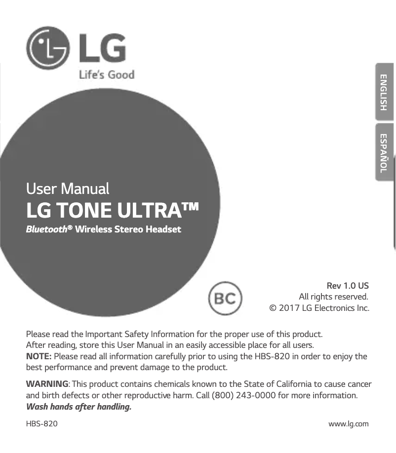 Page 1 de la notice Manuel utilisateur LG Tone Ultra HBS-820