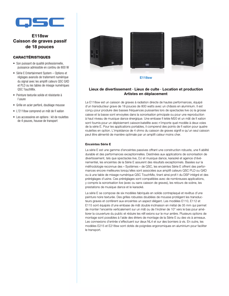 Página 1 del manual Ficha técnica QSC E118sw