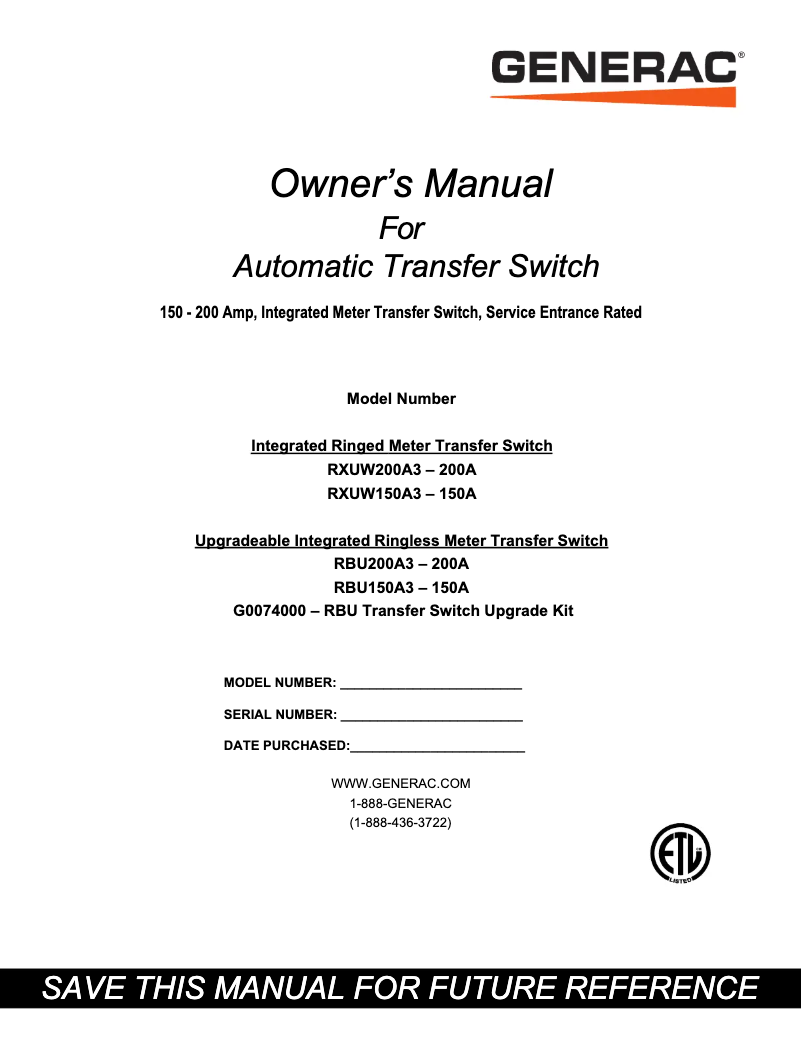 Page 1 de la notice Manuel utilisateur Generac RXUW200A3