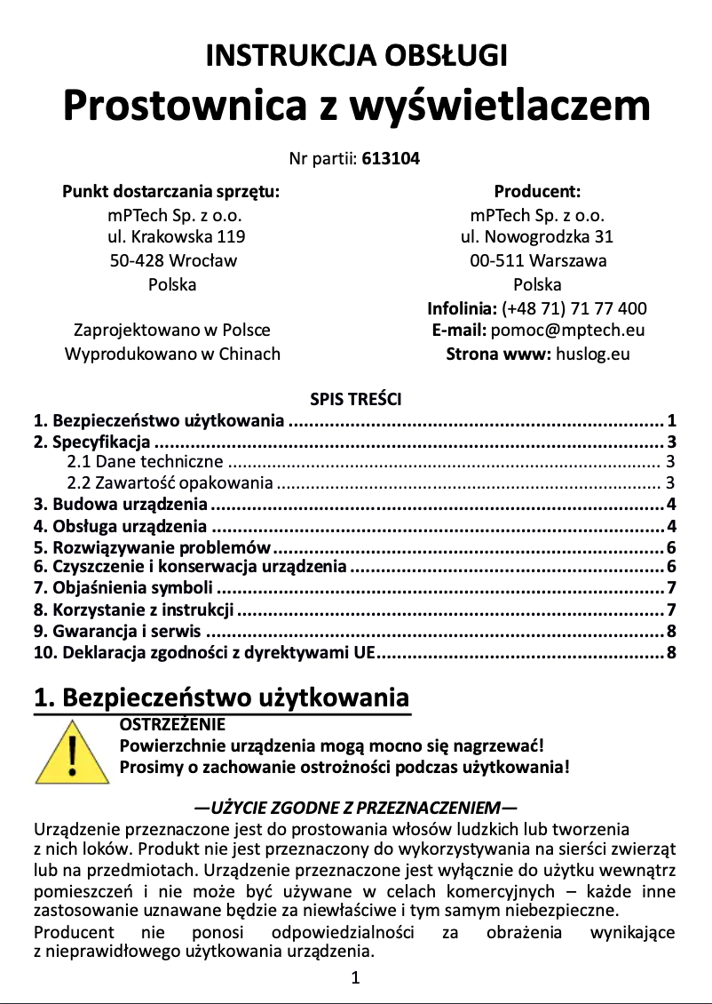 Page 1 de la notice Manuel utilisateur Huslog BE-380124