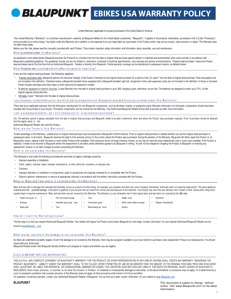 Page 1 de la notice Informations de garantie Blaupunkt FIENE 500