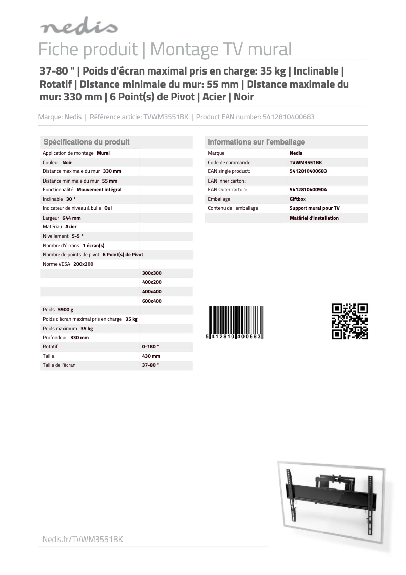 Page 1 de la notice Manuel utilisateur Nedis TVWM3551BK