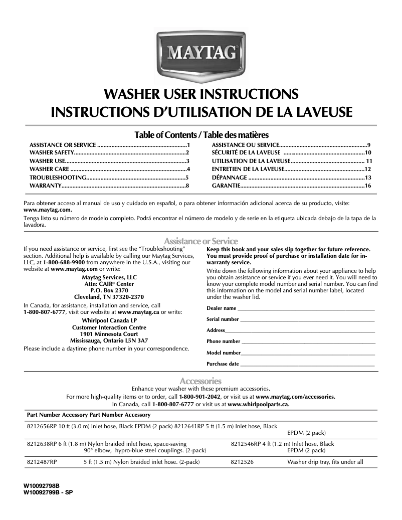 Page 1 de la notice Manuel utilisateur Maytag Centennial MVWC6ESWW