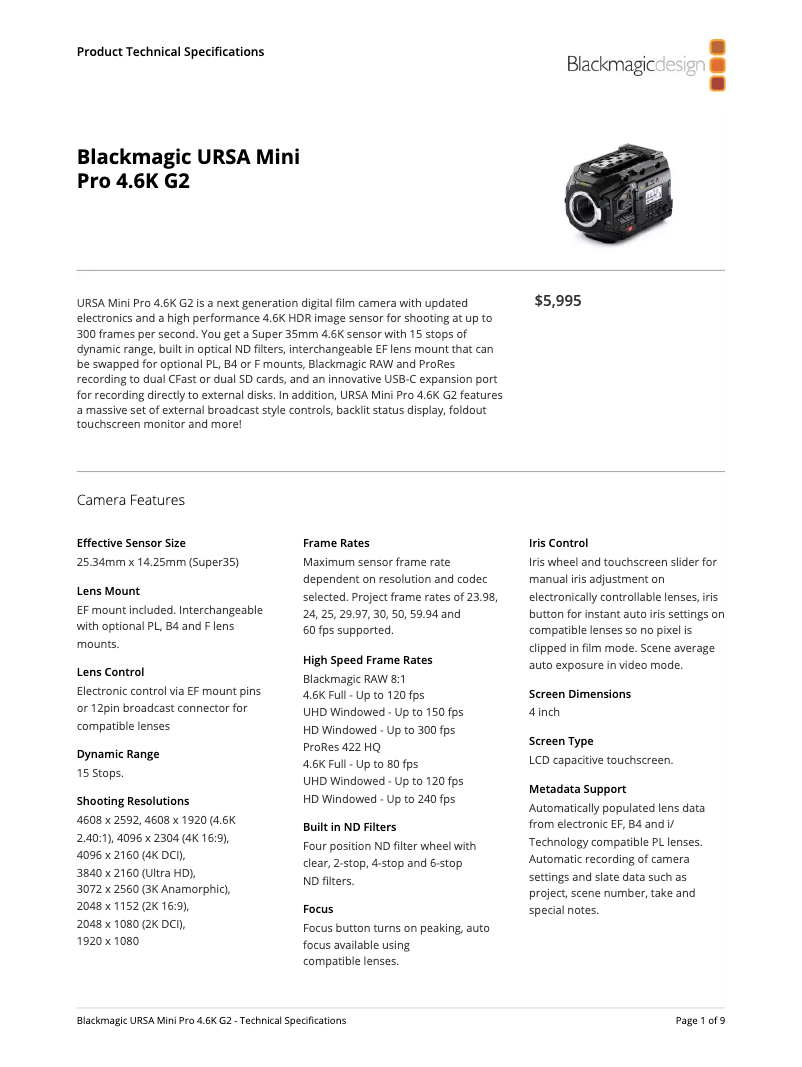 Page 1 de la notice Manuel utilisateur Blackmagic Design URSA Mini Pro 4.6K G2