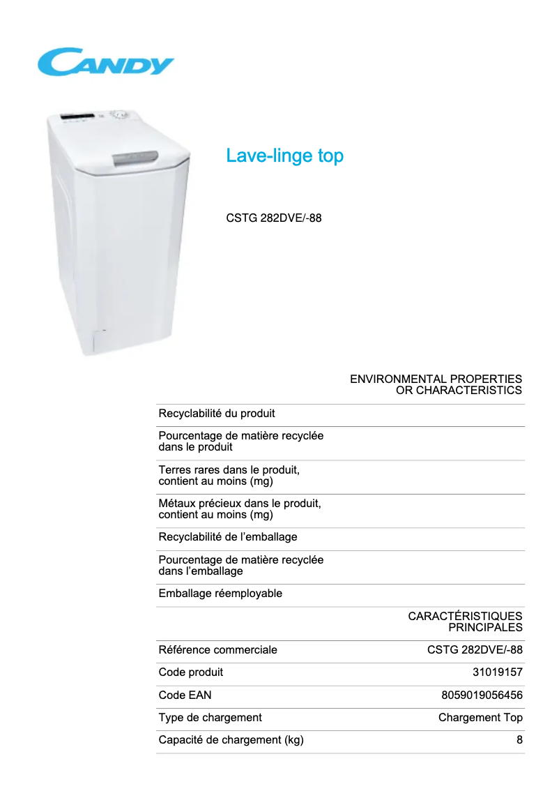Page 1 de la notice Fiche technique Candy CSTG 282DVE