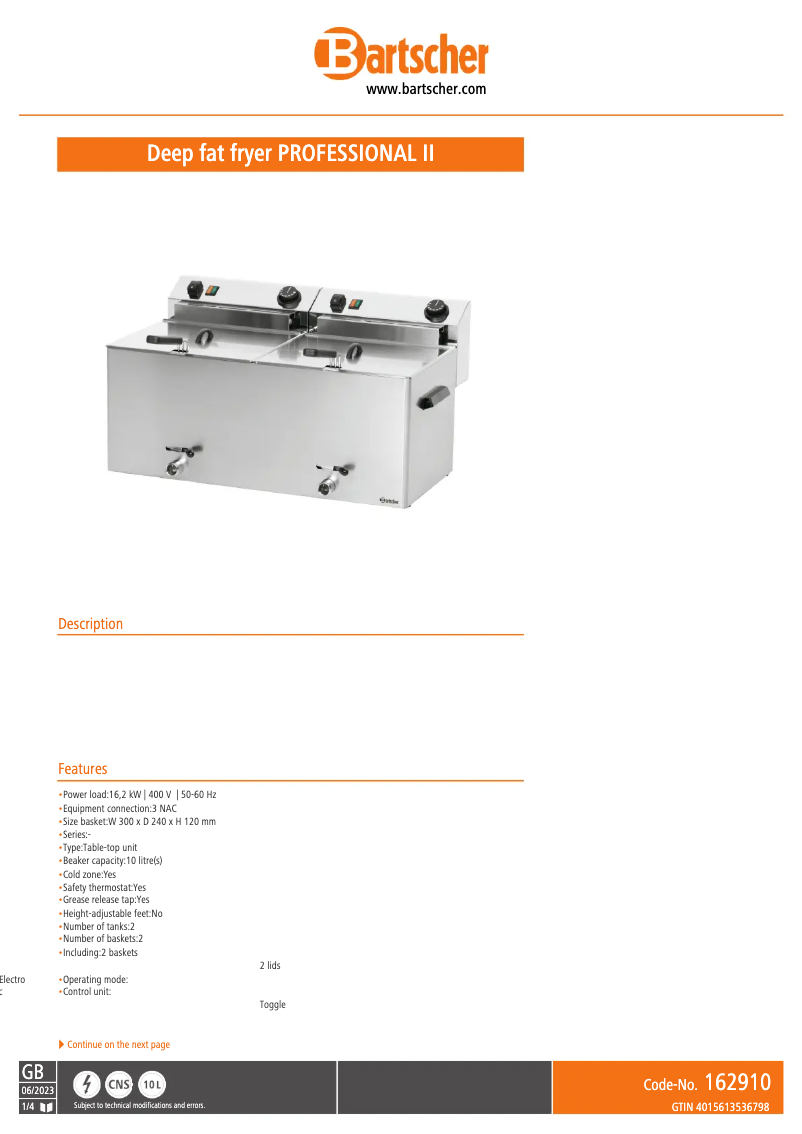 Page 1 de la notice Fiche technique Bartscher Professional II 162910