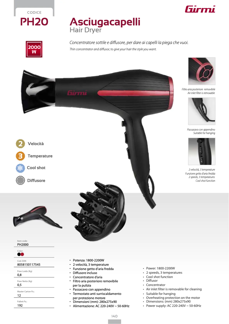 Page 1 de la notice Fiche technique Girmi PH20