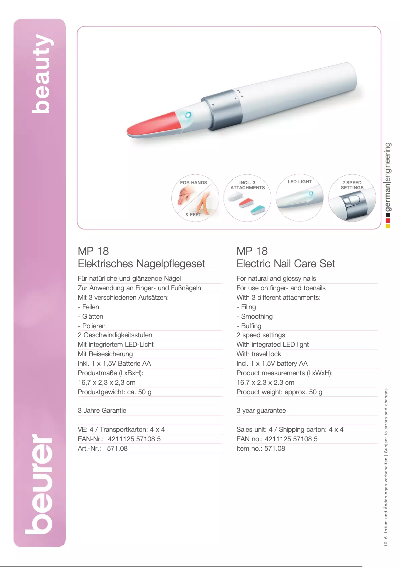 Page 1 de la notice Fiche technique Beurer MP 18
