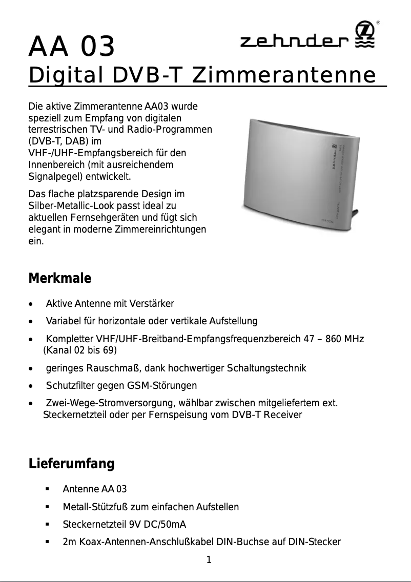 Page 1 de la notice Manuel utilisateur Zehnder AA 03
