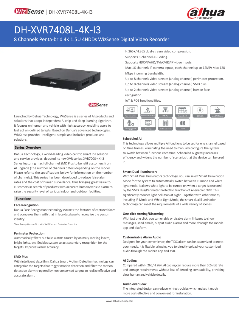 Página 1 del manual Ficha técnica Dahua Technology XVR7408L-4K-I3