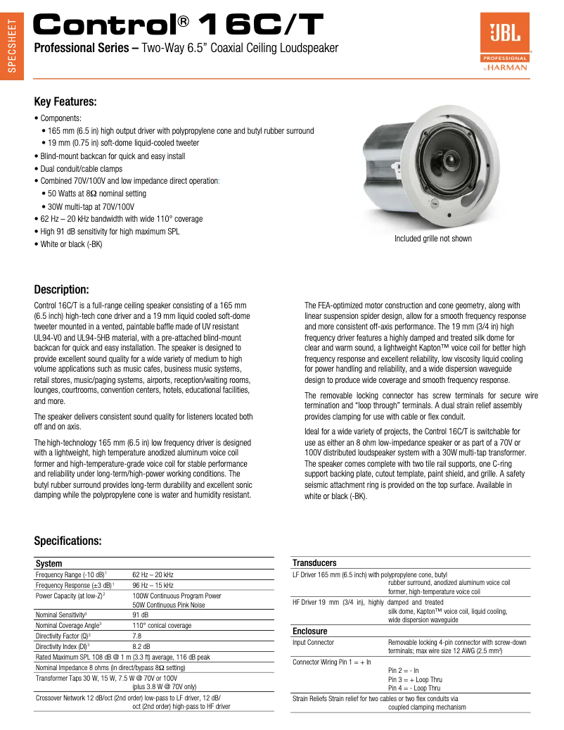 Page n°1 - Fiche technique JBL Control 16C/T