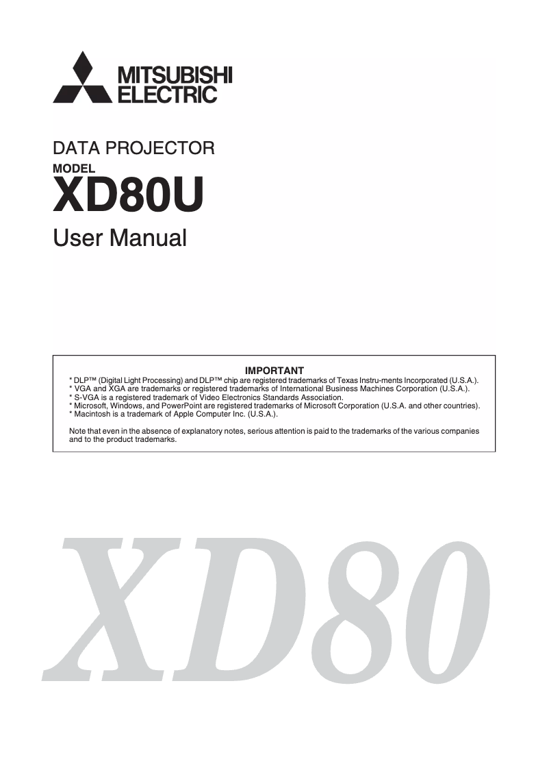 Page 1 de la notice Manuel utilisateur Mitsubishi XD80U