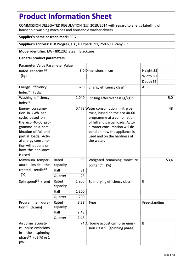 Page 1 de la notice Fiche technique ECG EWF 801202 iSteam BlackLine